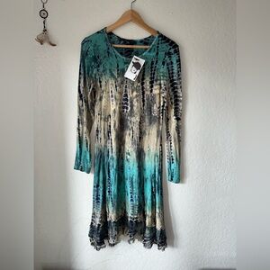 Mezon Tie-Dye Long Sleeve Dress - Blue cream and Black